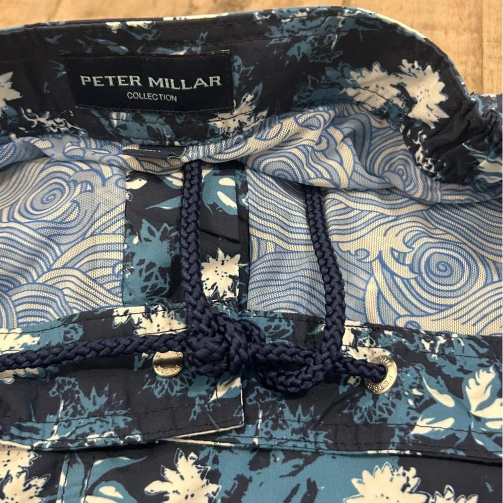 Peter Millar Swim Shorts/Trunks Mens Blue Lined Floral Bathing Suit EUC